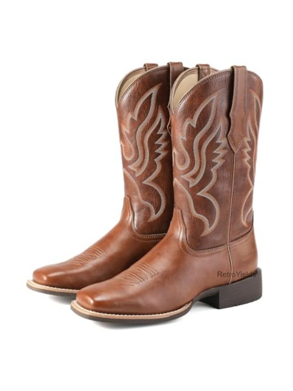 Western Cowboy Boots Square Toe Mid Calf Faux Leather Pull On Chunky Heel